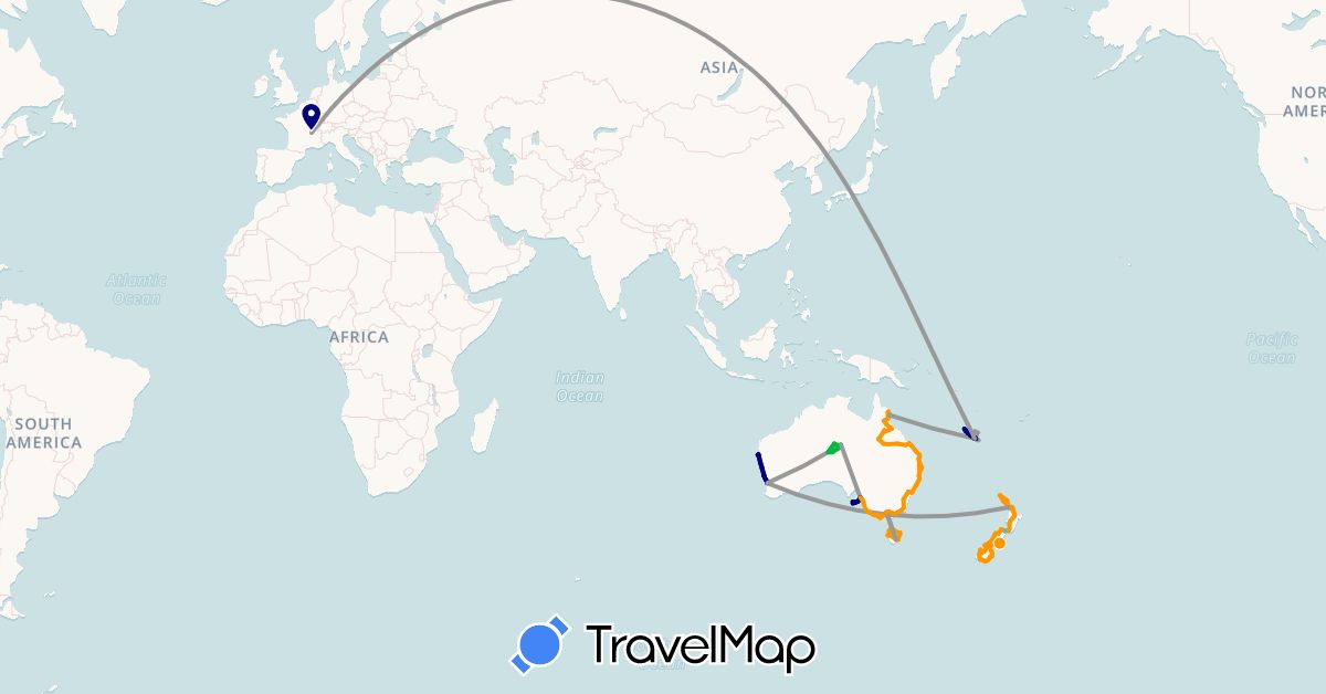 TravelMap itinerary: driving, bus, plane, boat, camping-car in Australia, France, New Caledonia, New Zealand (Europe, Oceania)